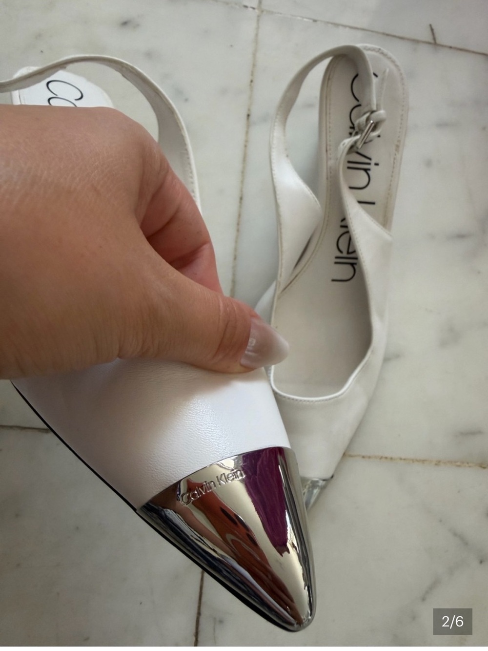 Calvin Klein White Slingback Flats with Silver Cap Toe